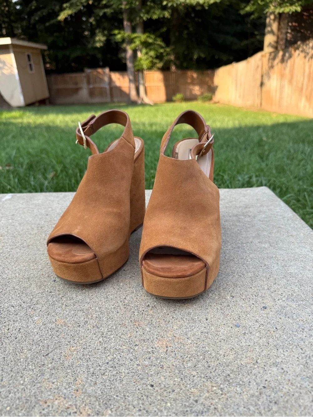BCBGeneration Fader Tan Suede Peep Toe Platform Slingback Wedge Sandals Size 6M